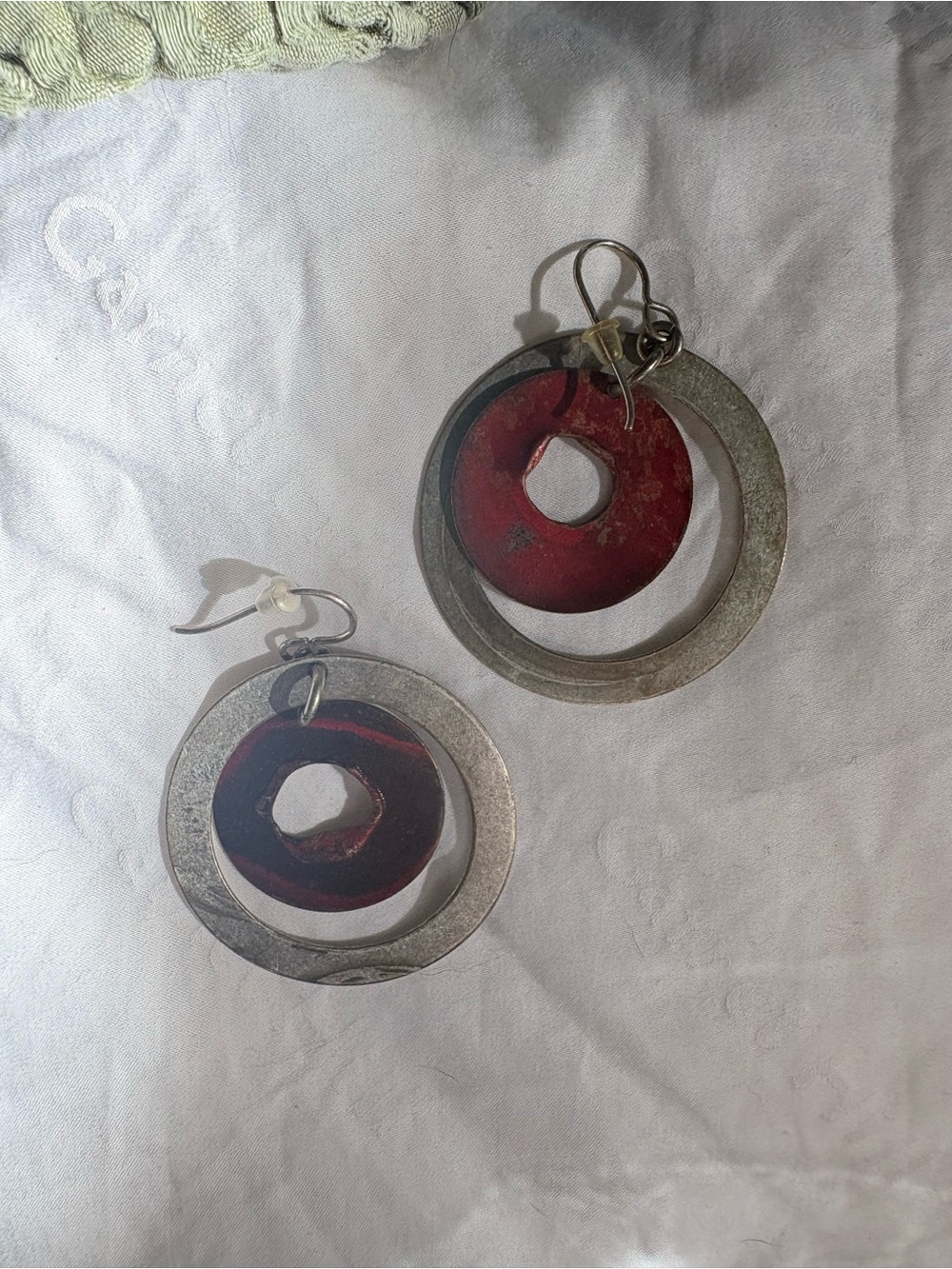 Silver Hoop Earrings with Red Wooden Accent - Women Jewelry